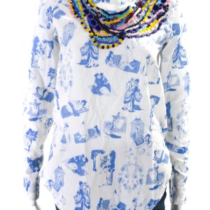 Kilometre Paris Damen Baumwolle Grafik gestickt Knopfbluse weiß 7833273892924