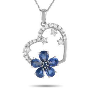 LB Exclusive 14K Weißgold 0,20ct Diamant und Saphir Herz und Blume Anhänger Halskette - – PH4 / 10098WSA