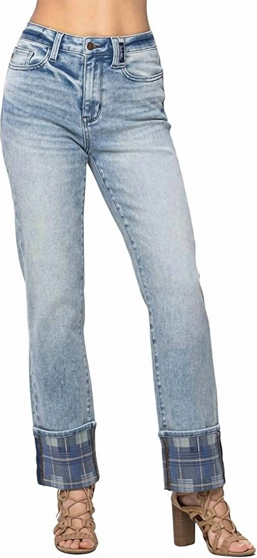 hoher Bund Plaid Manschette Vintage gerade Jeans in mittlerer Waschung 7704765988924