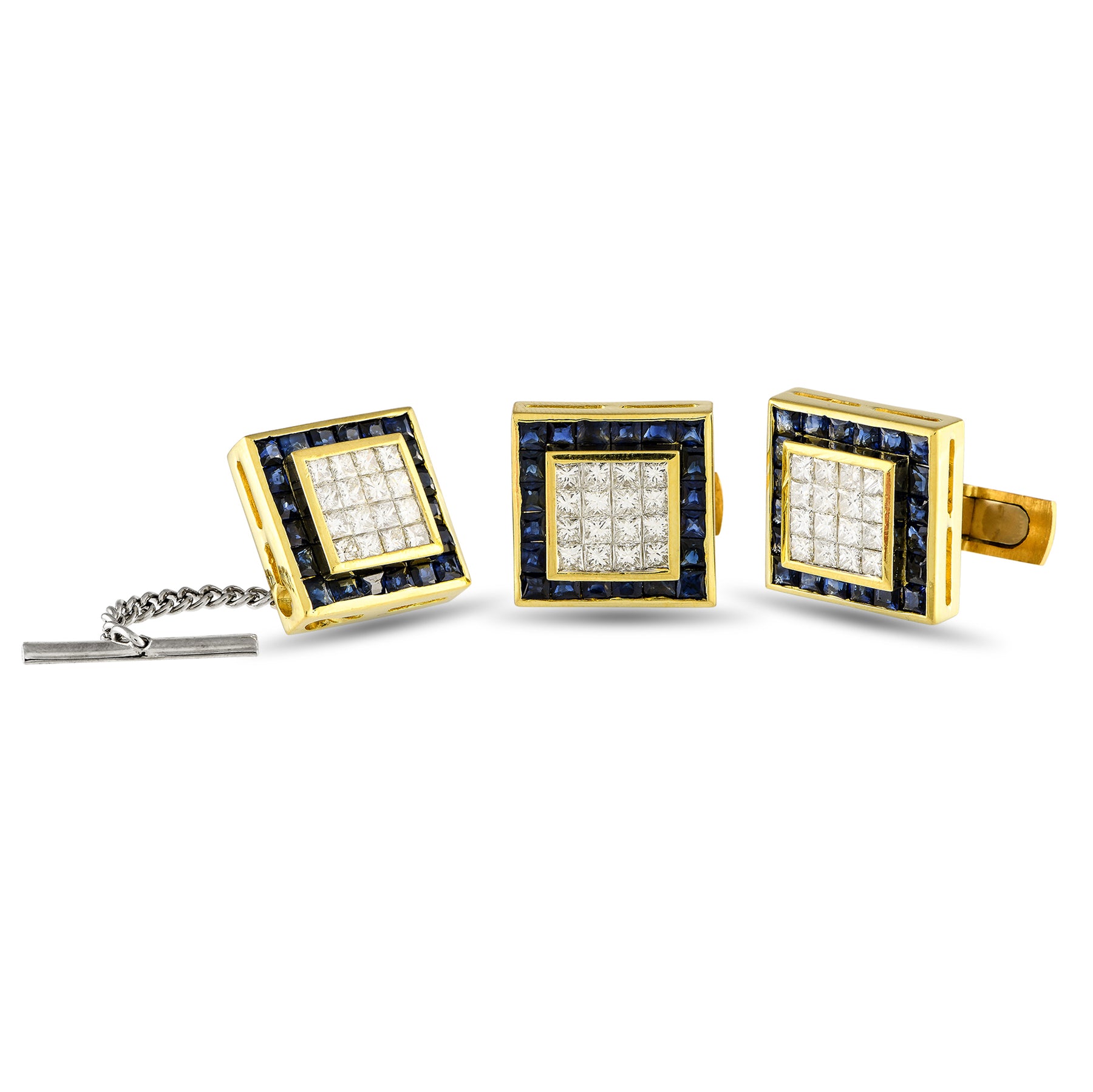 LB Exclusive 18K Gelbgold 3.45ct Diamant und Saphir Manschettenknöpfe und Krawattenanhänger Set MF02 -111723