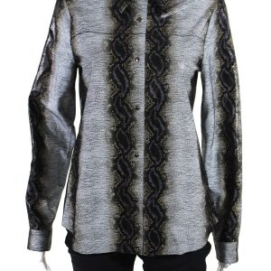 Blu Ice Damen Leder Schlangenleder Druckknopf nach unten Bluse grau 7833272254524