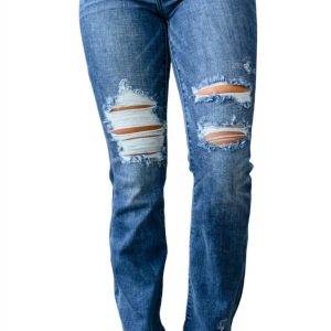 kontrastreiche schlanke bootcut zerstört Jeans in dunkel waschen 7704795643964