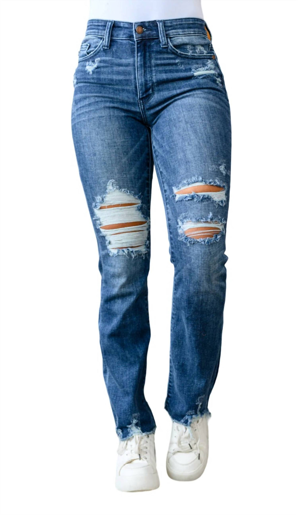 Slim Bootcut Destroyed Jeans mit hohem Kontrast in dunkler Waschung
