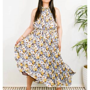 Flower Print Pleated Kleid in blau