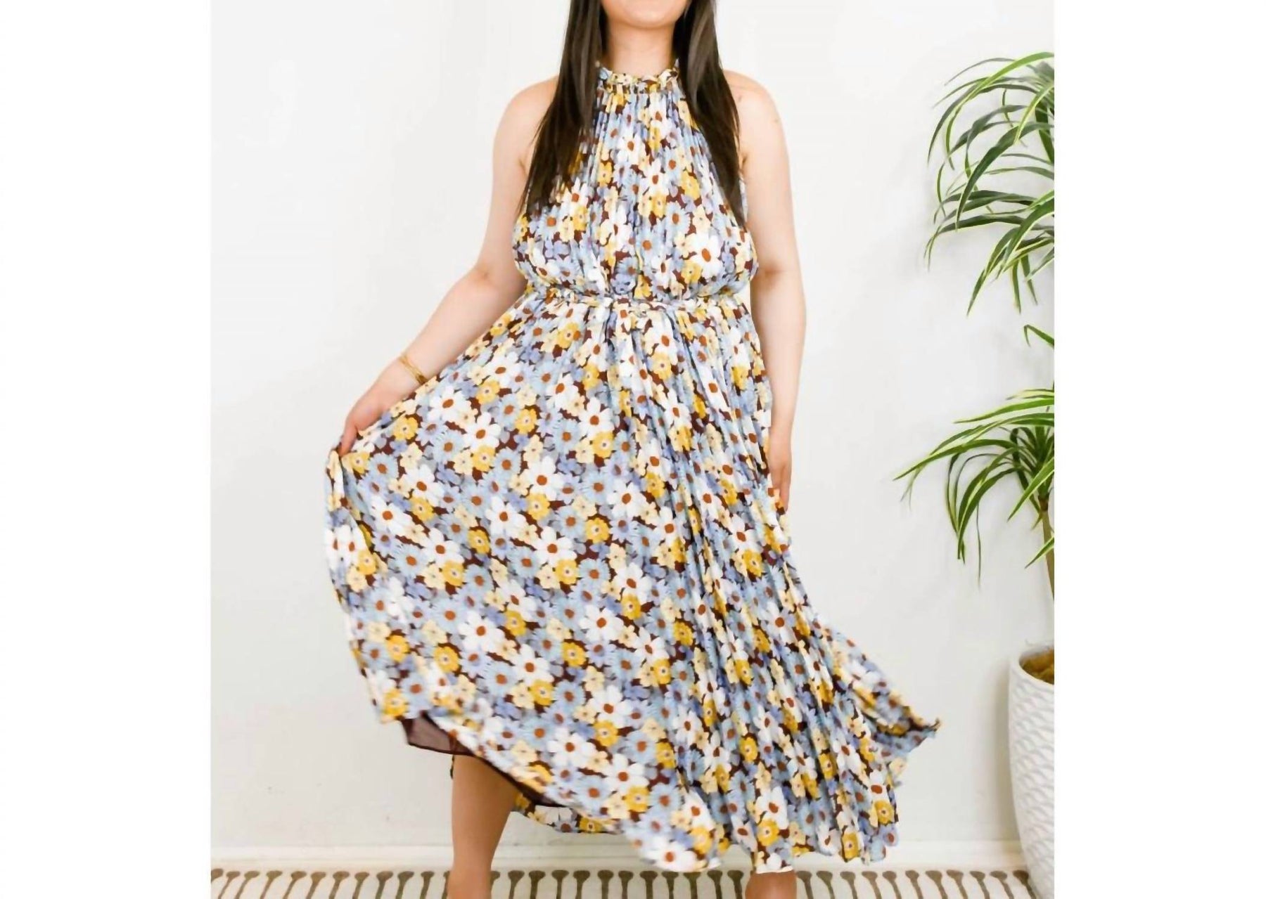 Blumenmuster Plissee Kleid in Blau