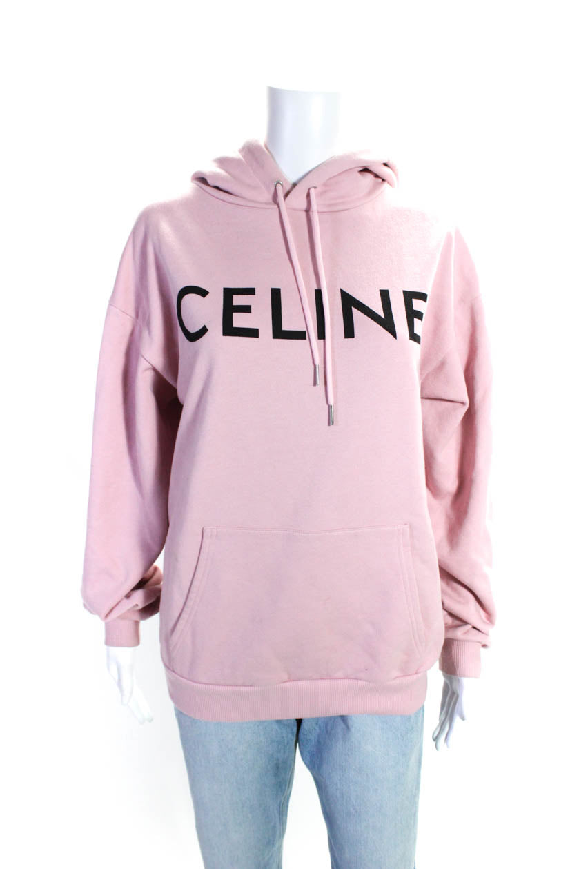 Celine Damen Baumwolle Grafik Muster Vorderseite Tasche Pullover Kapuzenpullover Rosa
