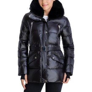 Michael Kors schwarz glänzend nach unten Gürtel Kunstfell Kragen gesteppt Mantel Jacke