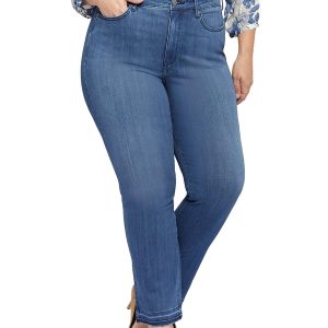 Plus Damen hohe Taille freigegeben Saum gerade Bein Jeans