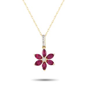 LB Exclusive 14K Gelbgold 0,01ct Diamant und Rubin Blume Halskette - – PD4 / 16241YRU