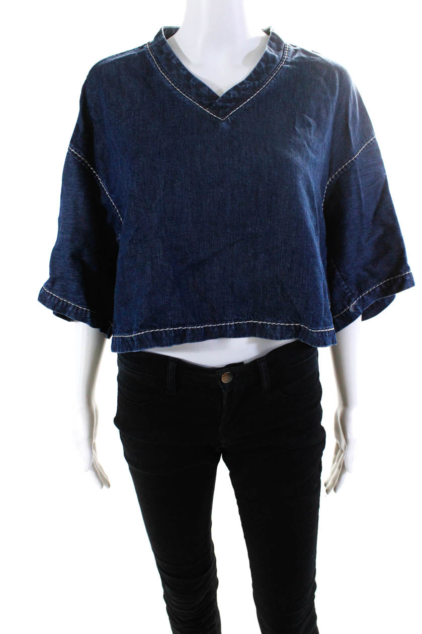 Bottega Veneta Damen Fluid Denim Chambray Top gestickt V-Ausschnitt Crop Top Bluse Blau