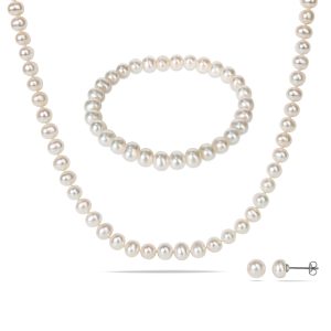 Mimi & Max Set aus 6–7 mm großen Süßwasser-Zuchtperlen, Armband, Halskette und Ohrringen