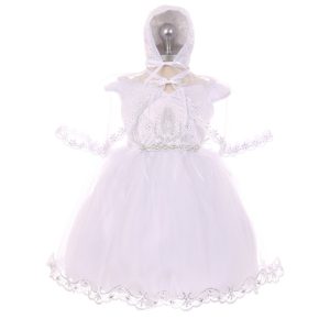RainKids Baby-Mädchen, weißes Taufkleid mit Haube und Umhang, Jungfrau Maria, 3–24 Monate