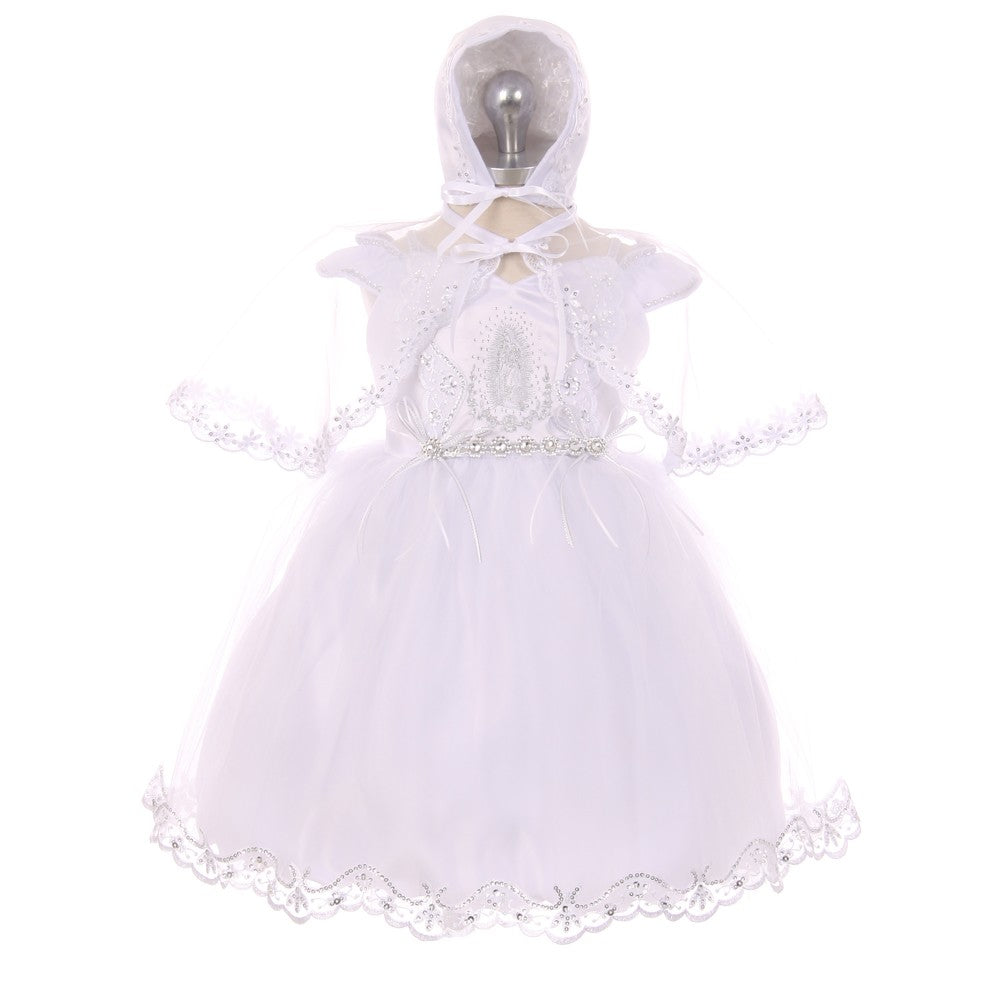 RainKids Baby Mädchen Weiß Jungfrau Maria Detail Bonnet Cape Taufkleid 3-24M