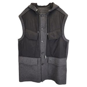 Kenzo K Patch Button Down Kapuzenweste Jacke aus grauer und schwarzer Wolle und Nylon 7833202196540