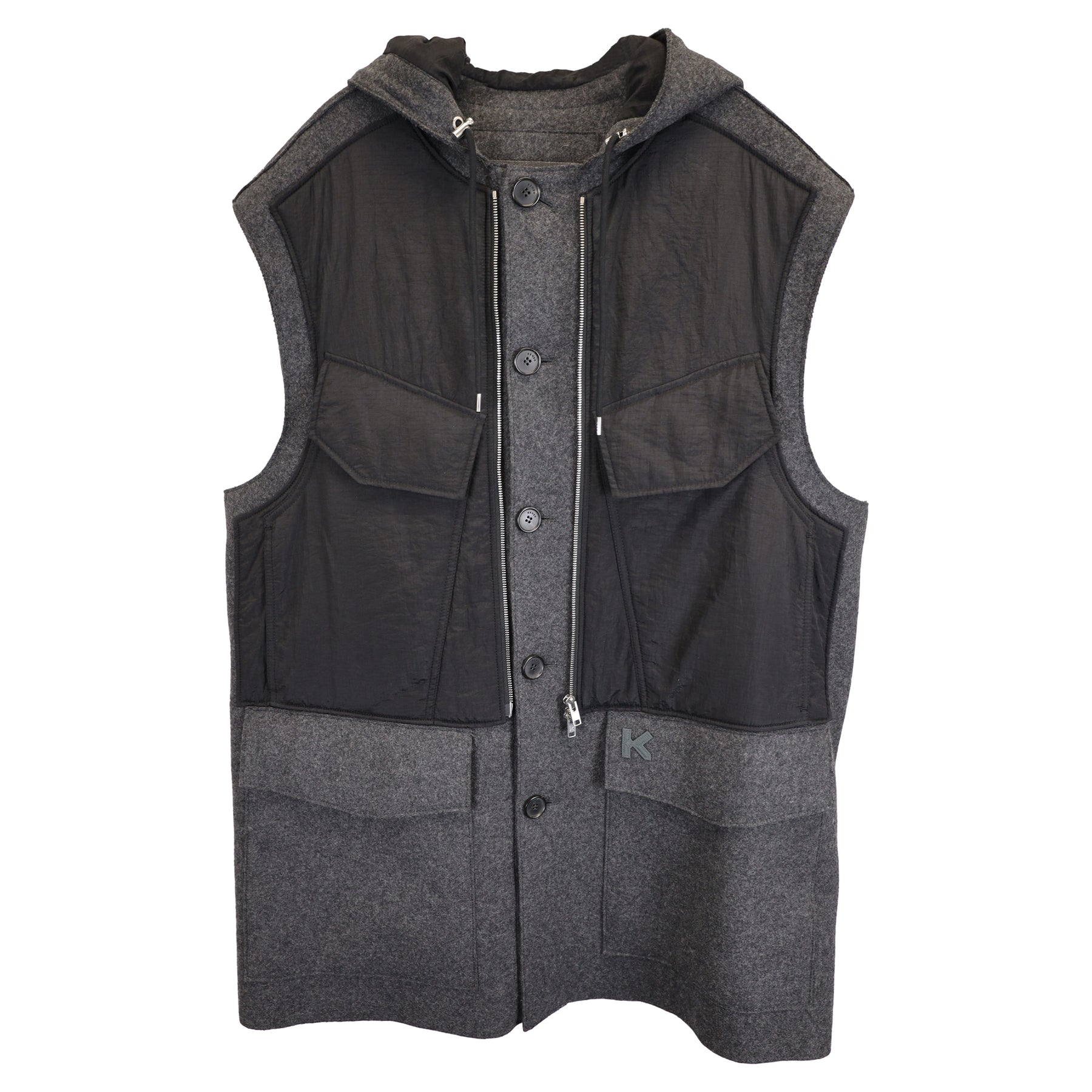 Kenzo K Patch Knopf unten Kapuzenweste Jacke in grau und schwarz Wolle und Nylon