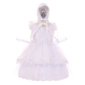 RainKids Taufkleid für Babys, Mädchen, weiß, schulterfrei, mit Haube und Umhang, 3–24 Monate