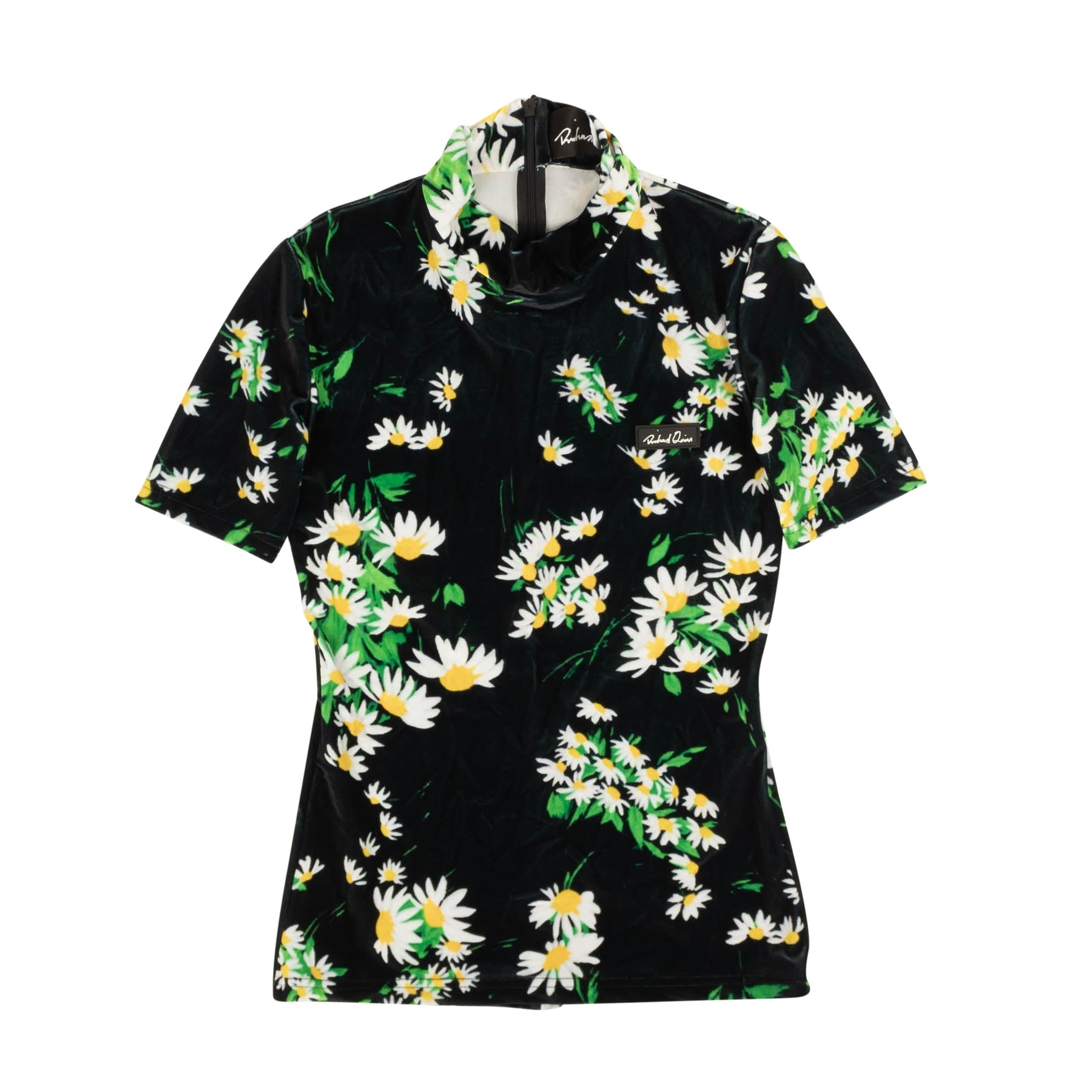 Richard Quinn Daisy Velour Kurzarm-Oberteil – Schwarz