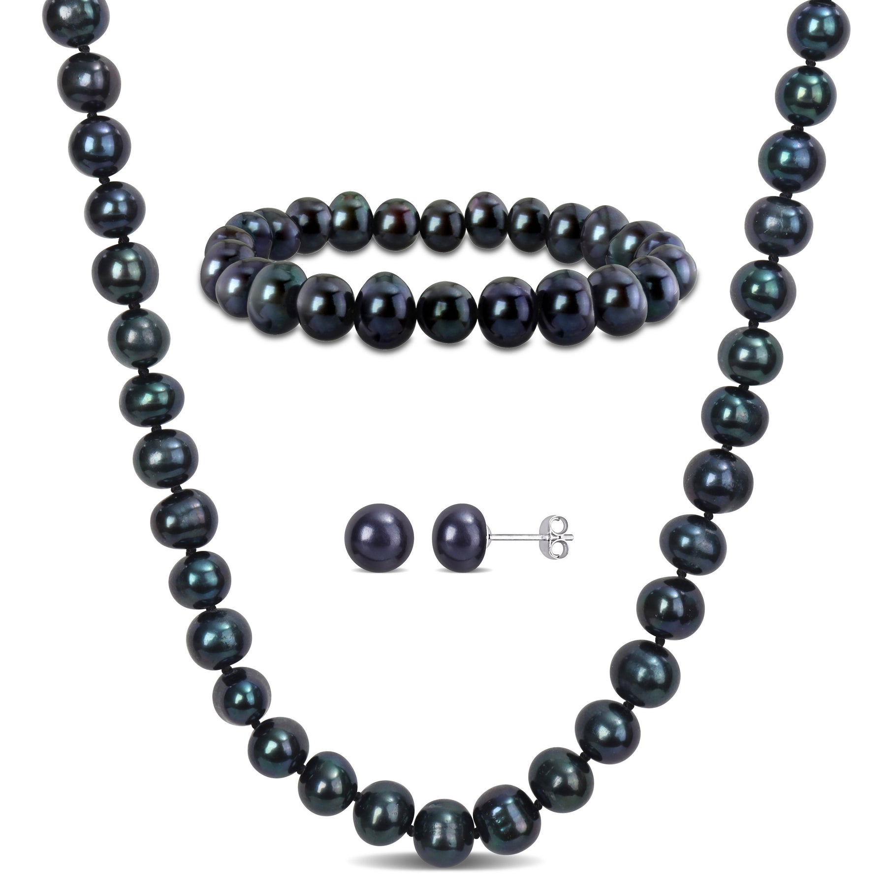 Mimi & Max 7.5-8mm kultiviert Süßwasser schwarze Perle Halskette Armband und Ohrringe Set