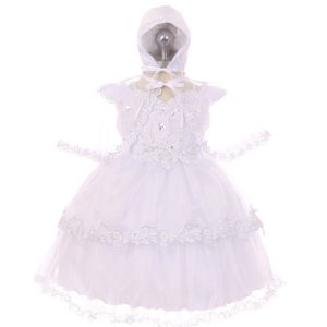 RainKids Taufkleid für Babys, Mädchen, weiß, Organza, Tüll, Haubenumhang, 3–24 Monate