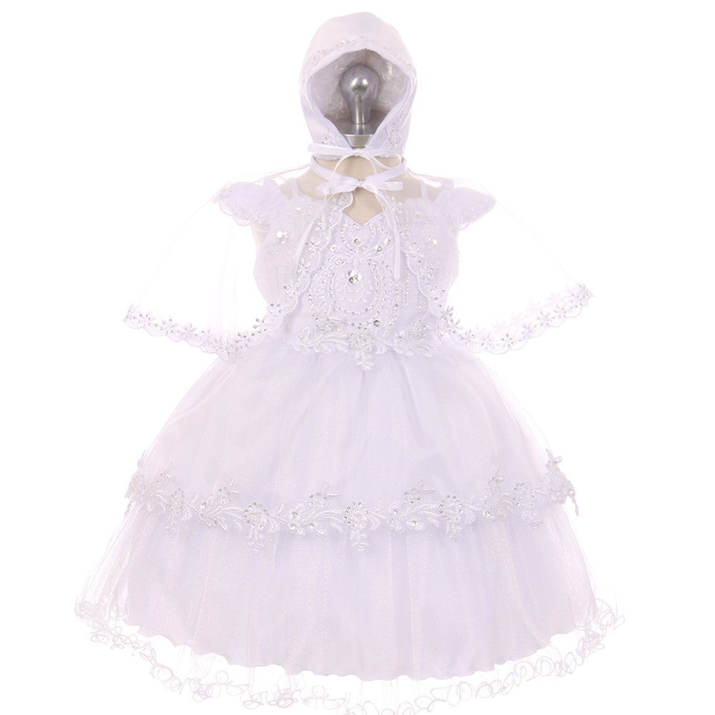 RainKids Baby Mädchen Weiß Organza Tüll Bonnet Cape Taufkleid 3-24M