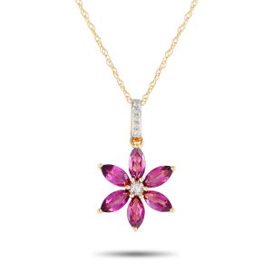 LB Exclusive 14K Gelbgold 0,01ct Diamant und Rhodolit Blume Halskette - – PD4 / 16241YRHOD