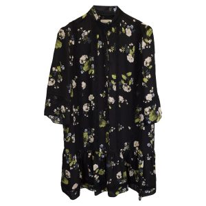 Erdem Bertram Mini 3/4 Ärmel Blumenmuster Kleid in schwarzer Seide 7833204916284