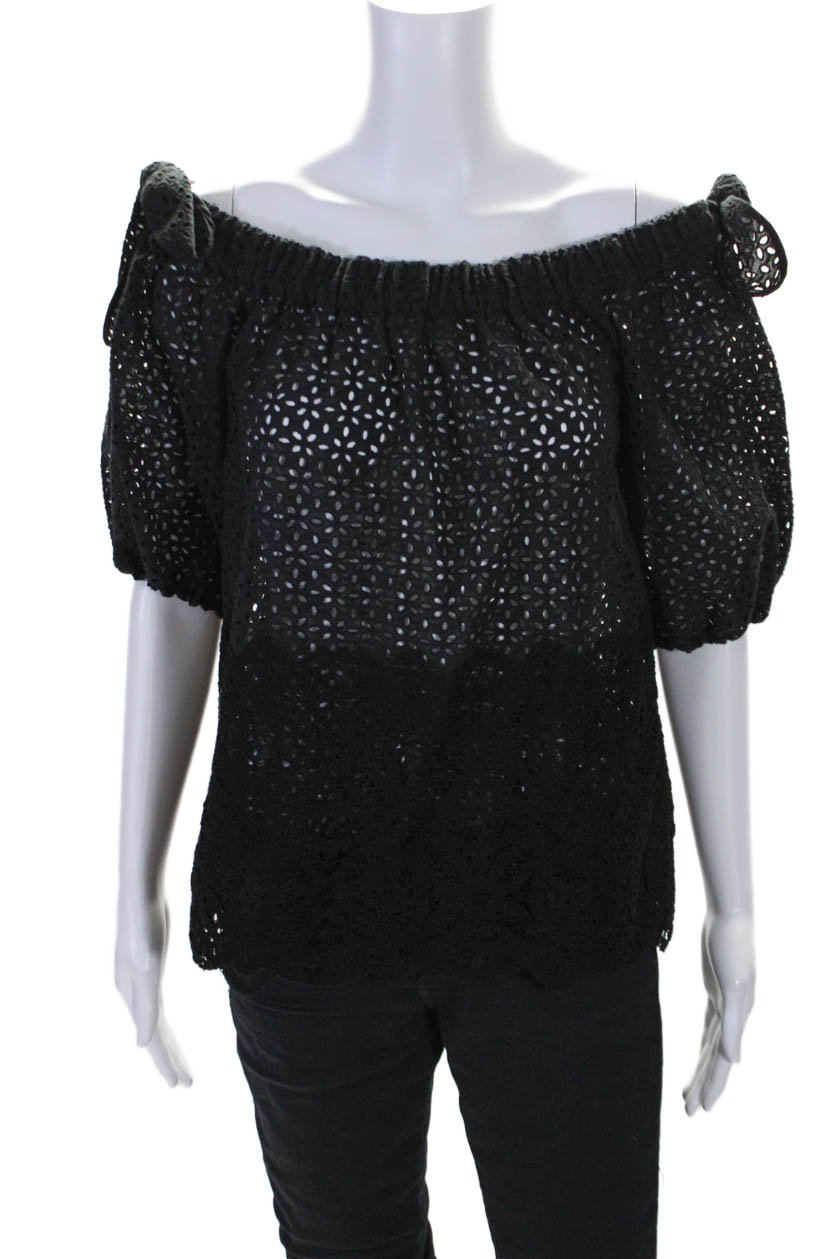 Sharis Damen Off The Shoulder Öse Kurzarm Bluse Schwarz