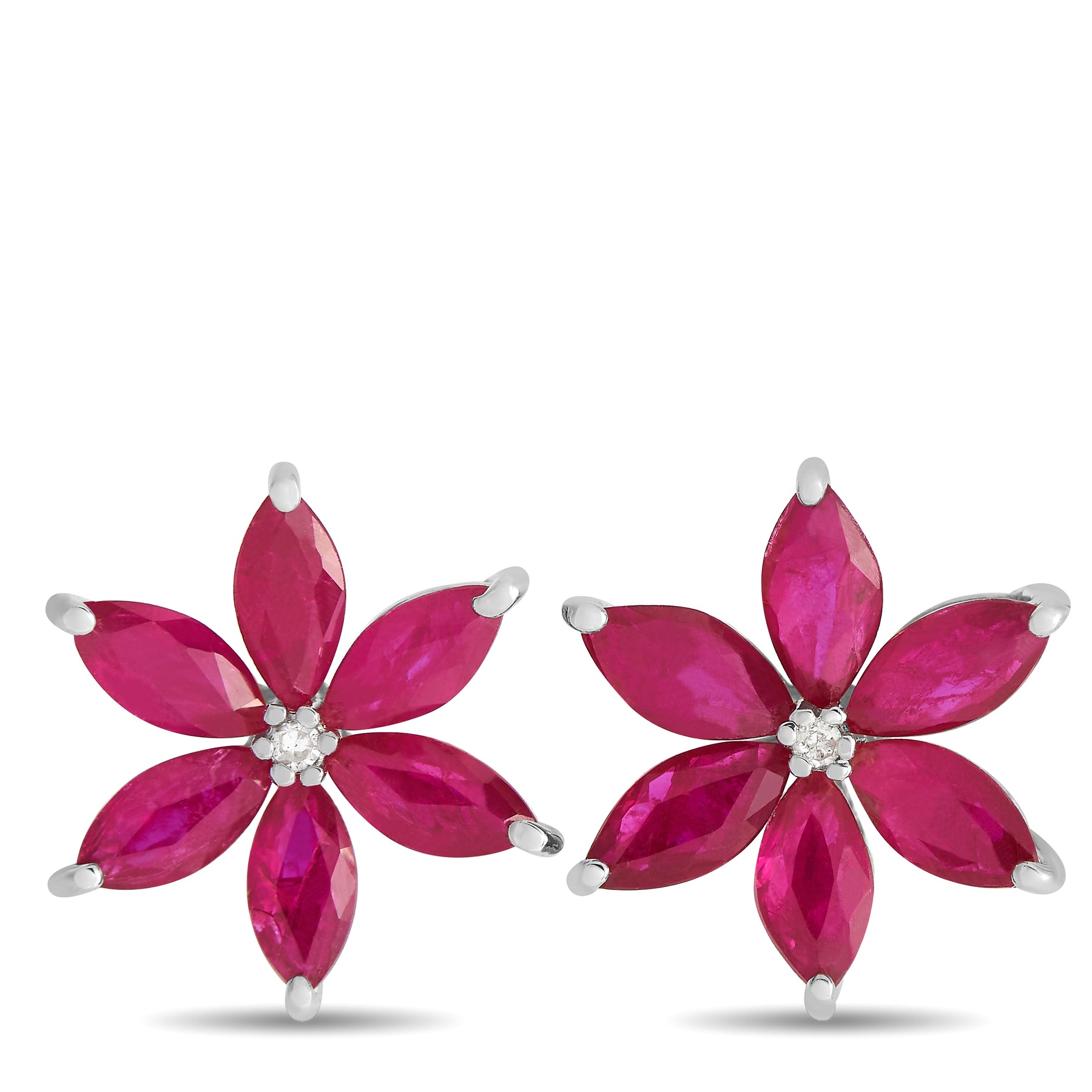 LB Exclusive 14K Weißgold 0.01ct Diamant und Rubin Blume Ohrringe ER4 15657WRU
