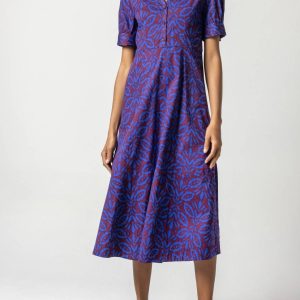 bedrucktes Poplin Halsband Maxikleid in Kobalt Motiv