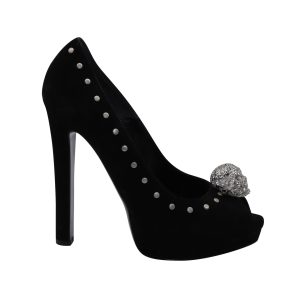Alexander McQueen Skull Verzierte Peep Toe Pumps aus schwarzem Wildleder