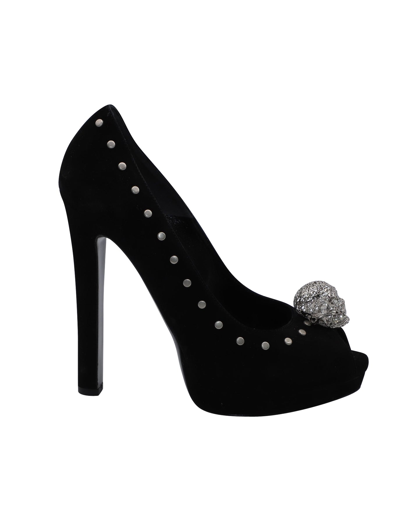 Alexander McQueen Skull Verzierte Peep Toe Pumps aus schwarzem Wildleder