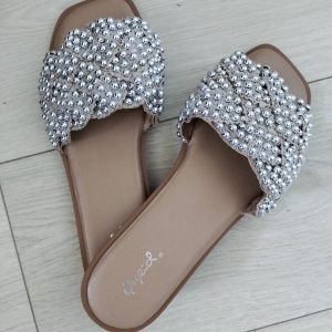 Strass Slides in Nude/Silber Strick