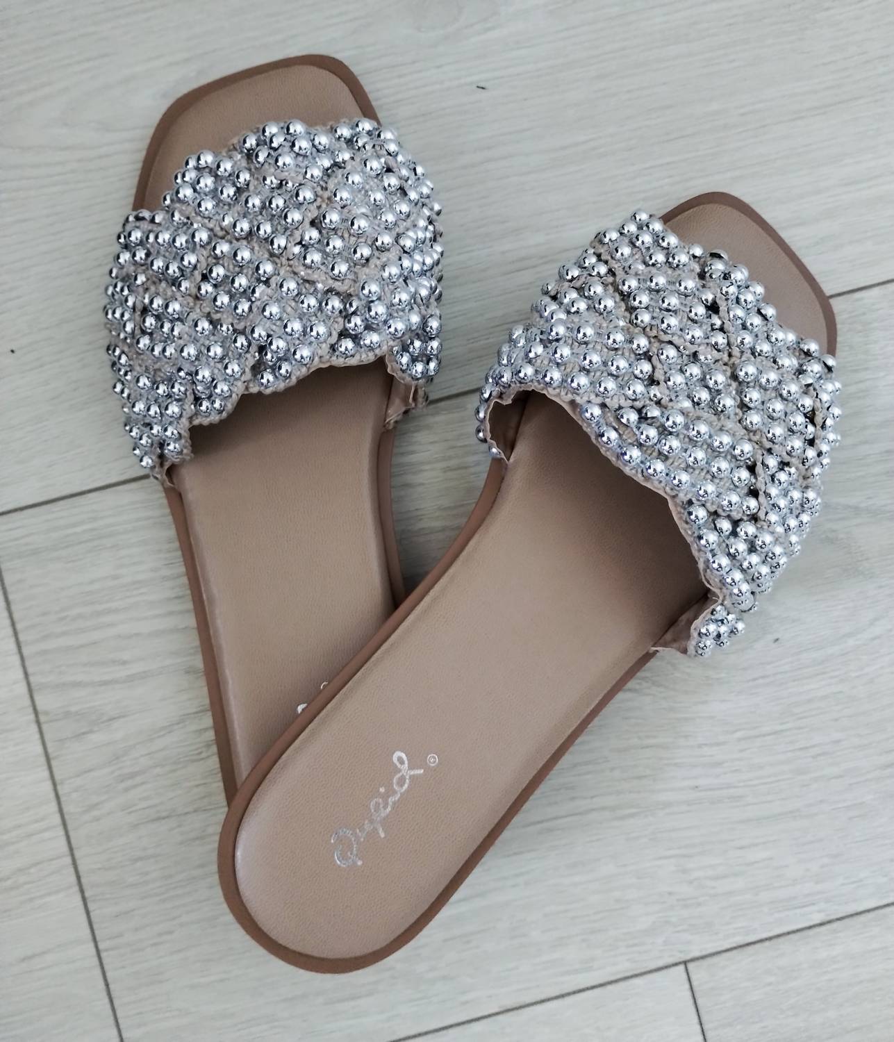 Strass Slides in Nude/Silber Strick