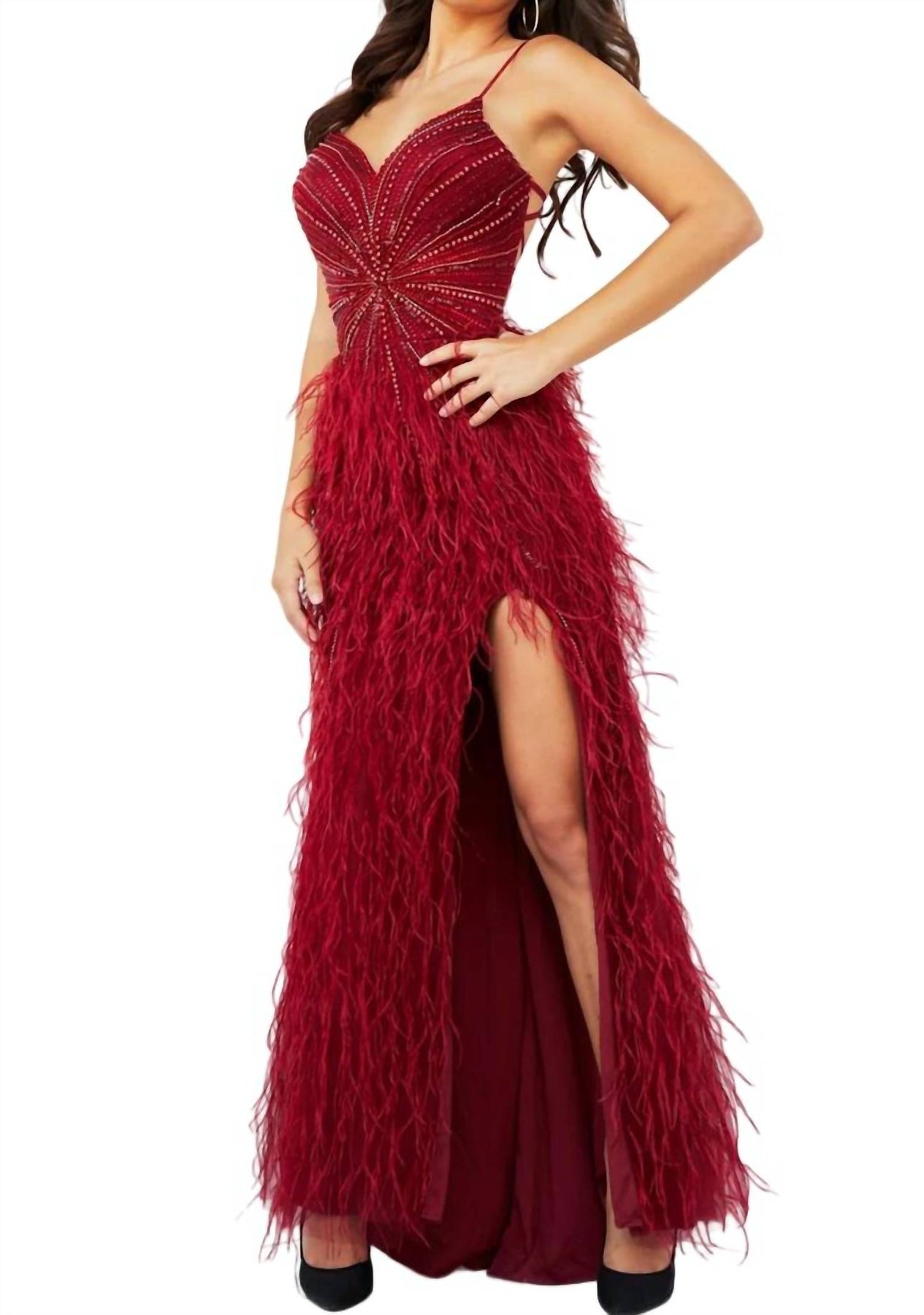 Feather Akzent Abendkleid in Burgund