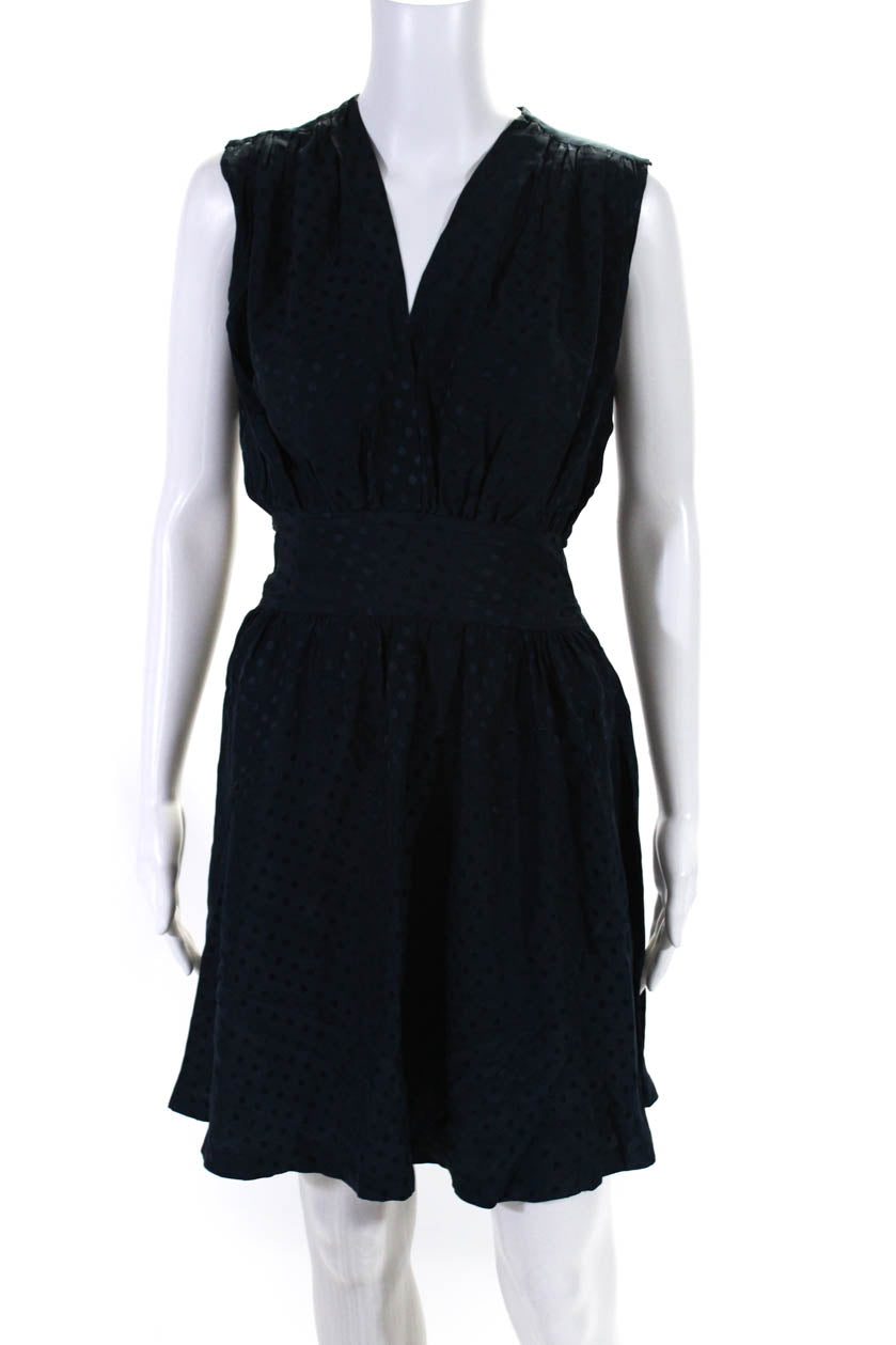 Balenciaga Seide Damen Polka Dot Belted V-Ausschnitt ärmelloses Kleid Dunkelblau