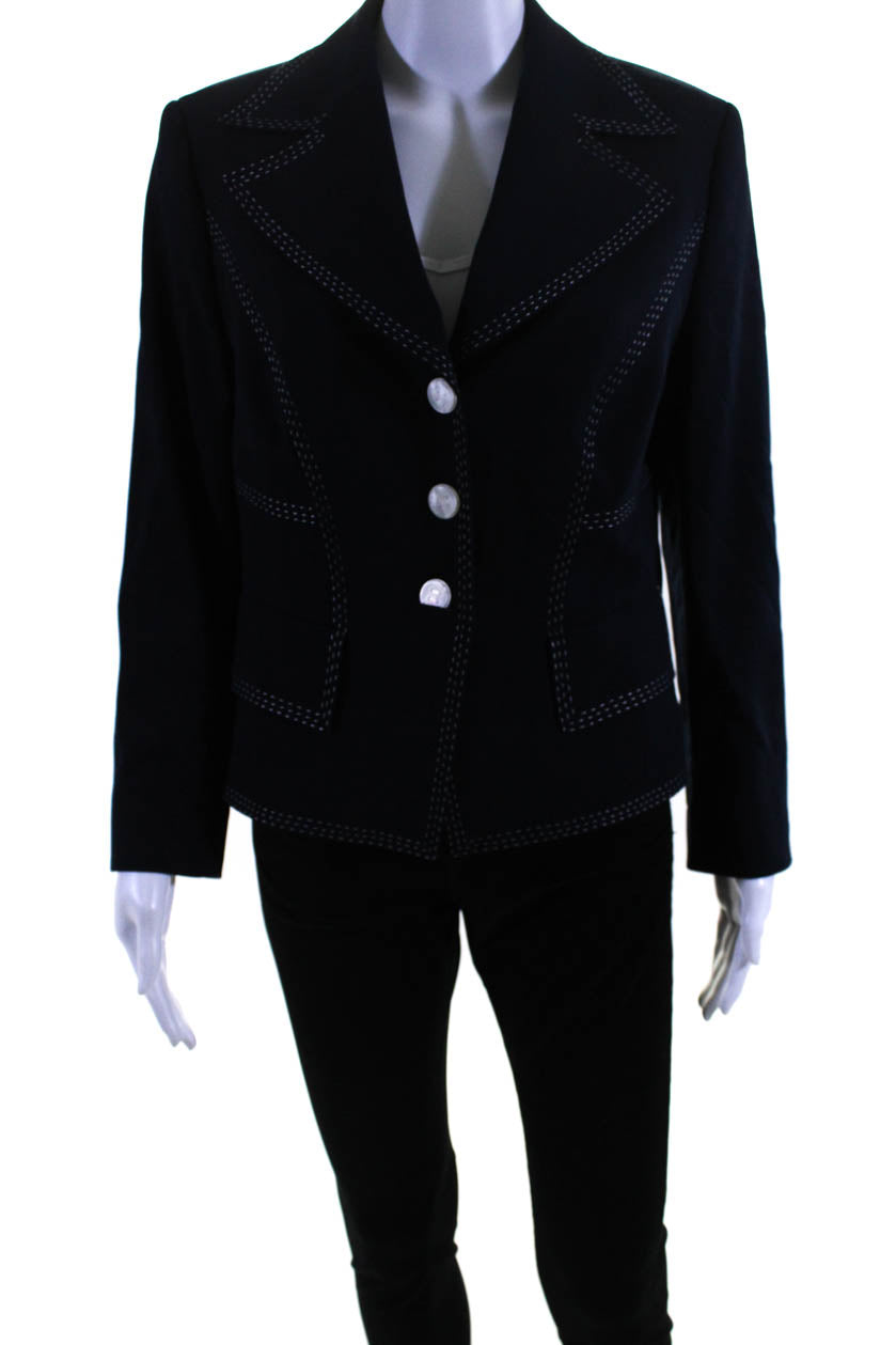 Escada Damen breite Revers Knopf Daunenanzug Jacke Marineblau Wolle