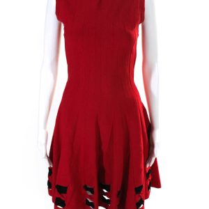 Alexander McQueen Damen Strick Cut Out ärmellose A-Linie Kleid Rot Schwarz