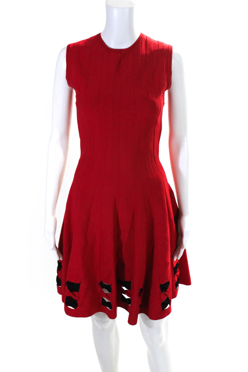Alexander McQueen Damen Strick Cut Out ärmellose A-Linie Kleid Rot Schwarz