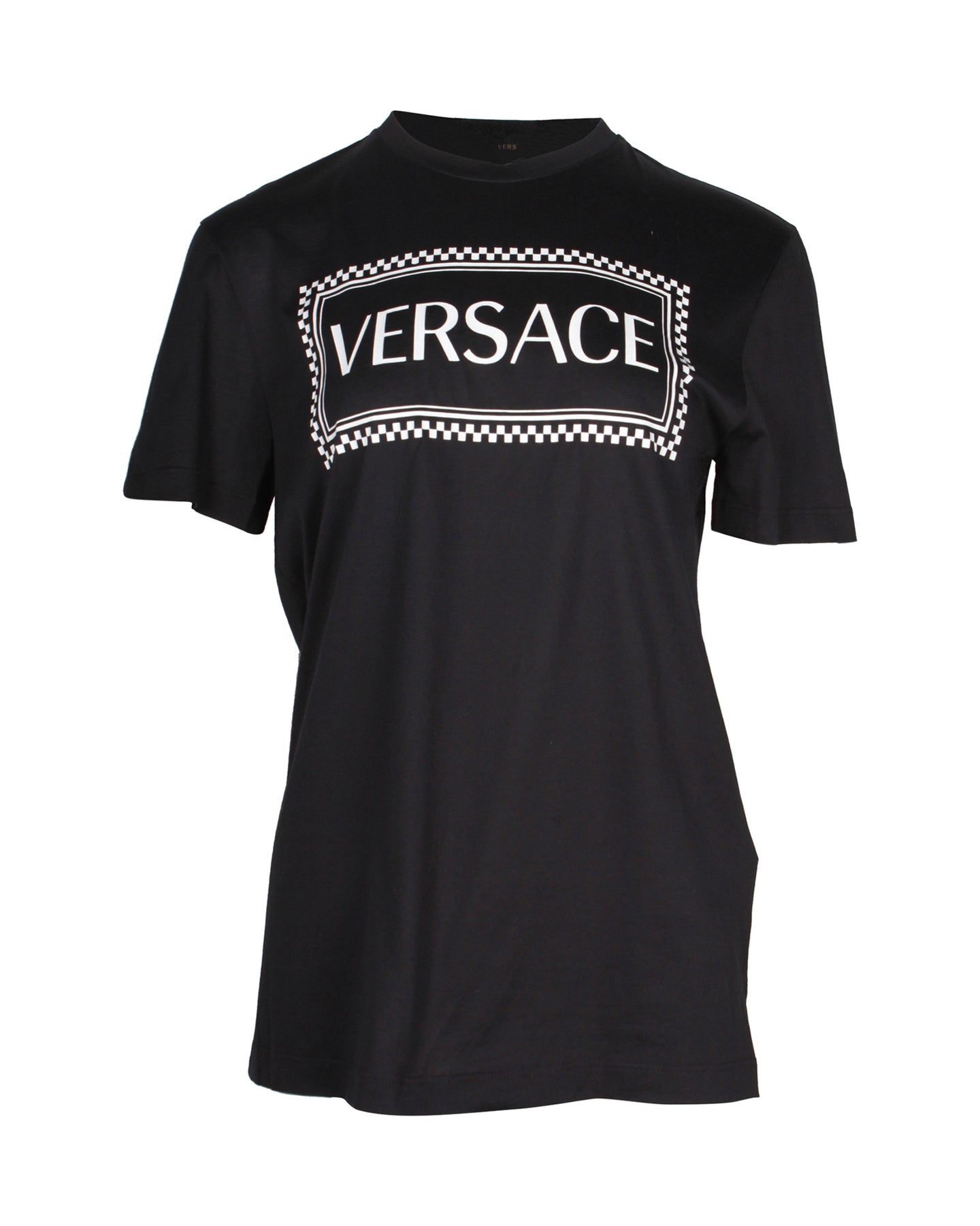 Versace T-Shirt mit Logo-Muster aus schwarzer Baumwolle