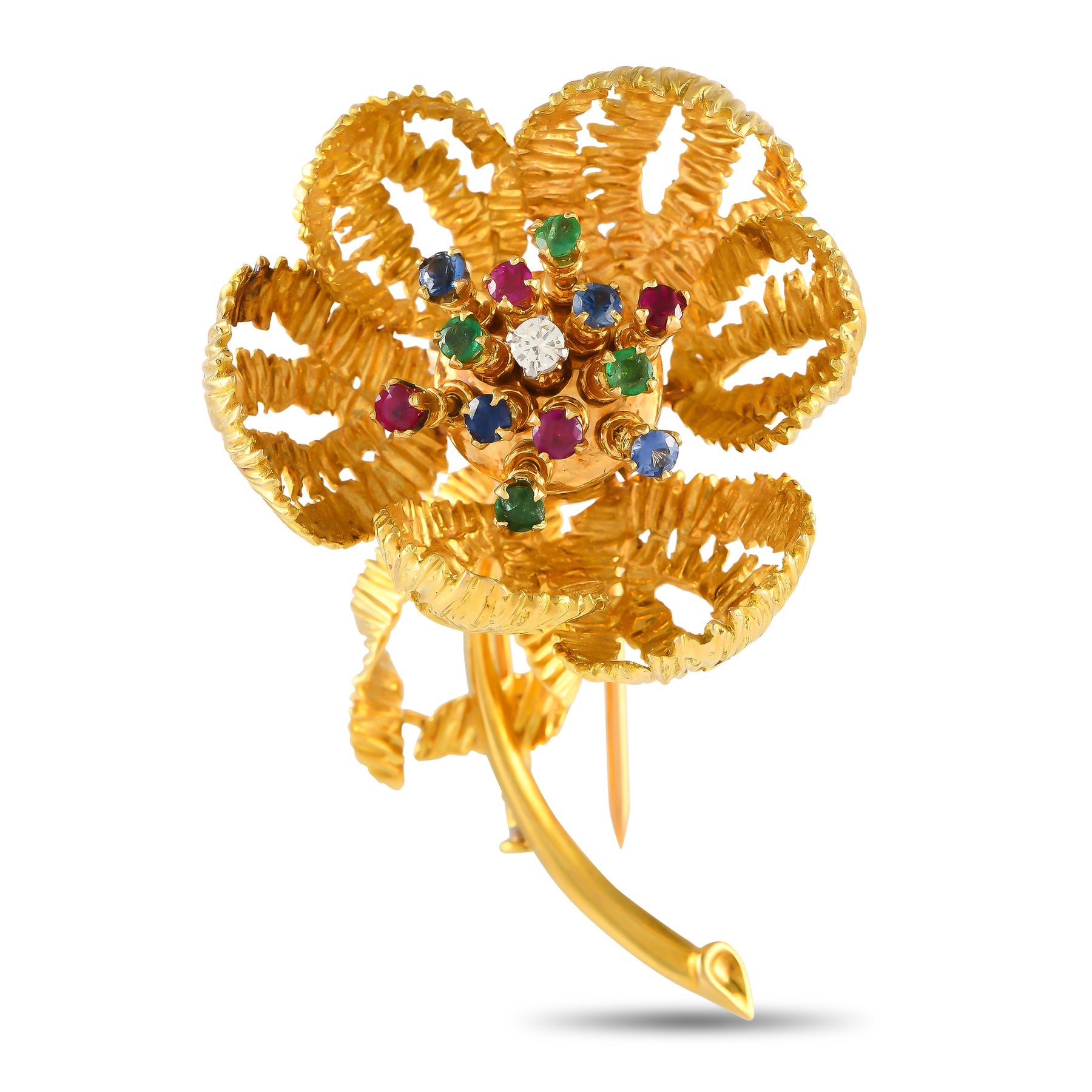 LB Exclusive Vintage Französisch 18 Karat Gelbgold Diamant, Emerald, Rubine und Saphir mit Blumenmuster Brosche MF04 -070824