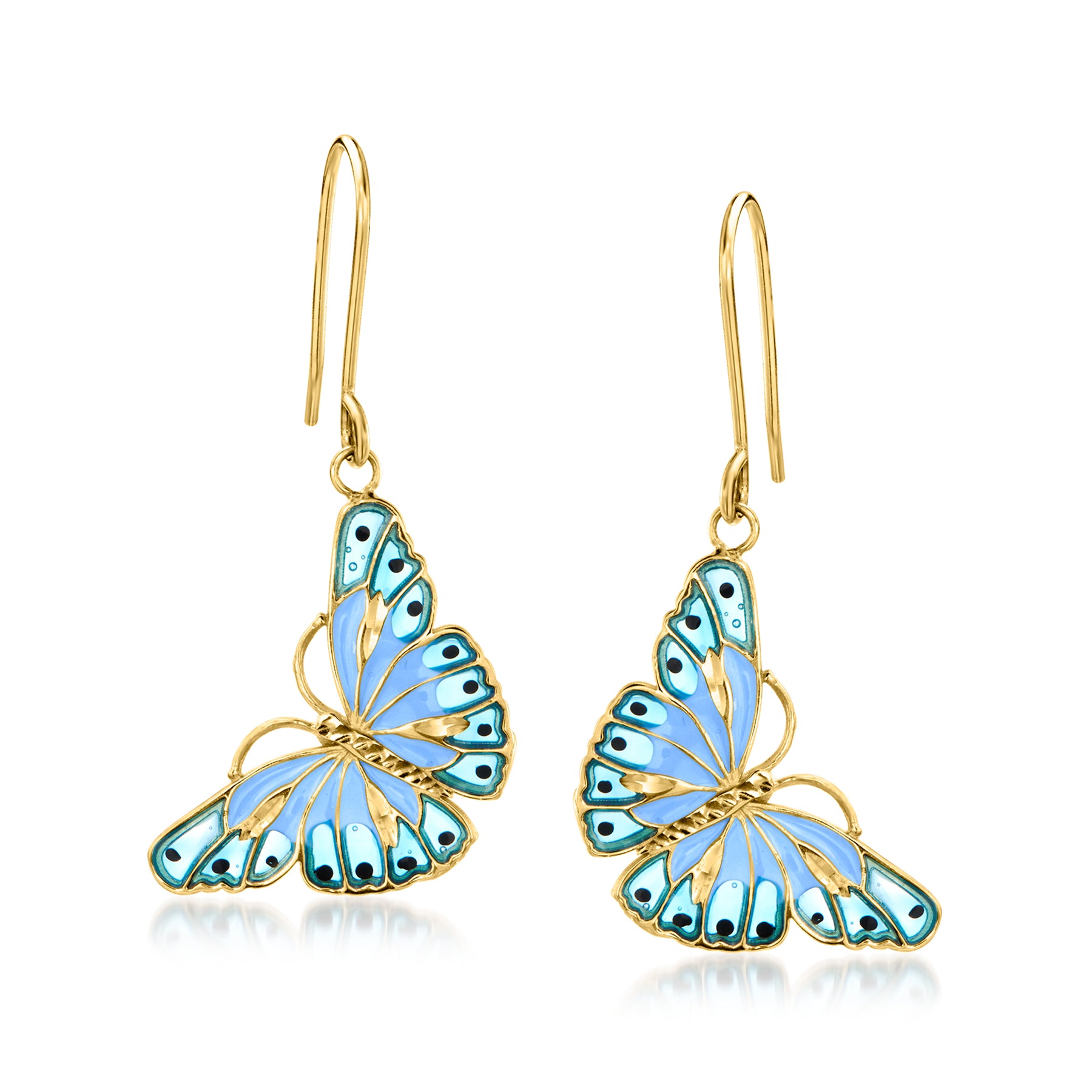 Ross-Simons Italienische Tonal Blau Emaille Schmetterling Drop Ohrringe in 14kt Gelbgold