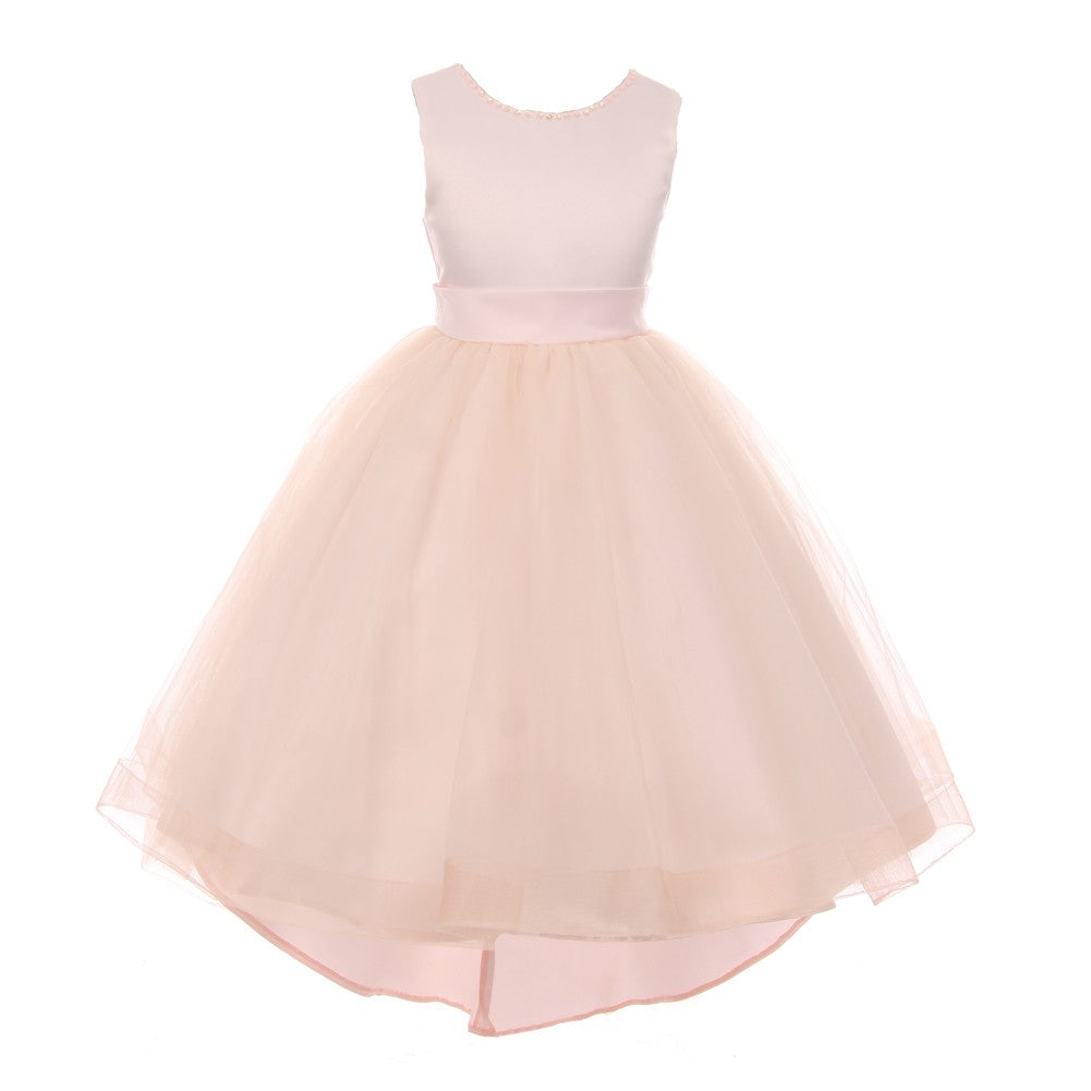 RainKids große Mädchen Altrosa Perle Hi-Low Satin Tüll Blumenmädchen Kleid 8-12
