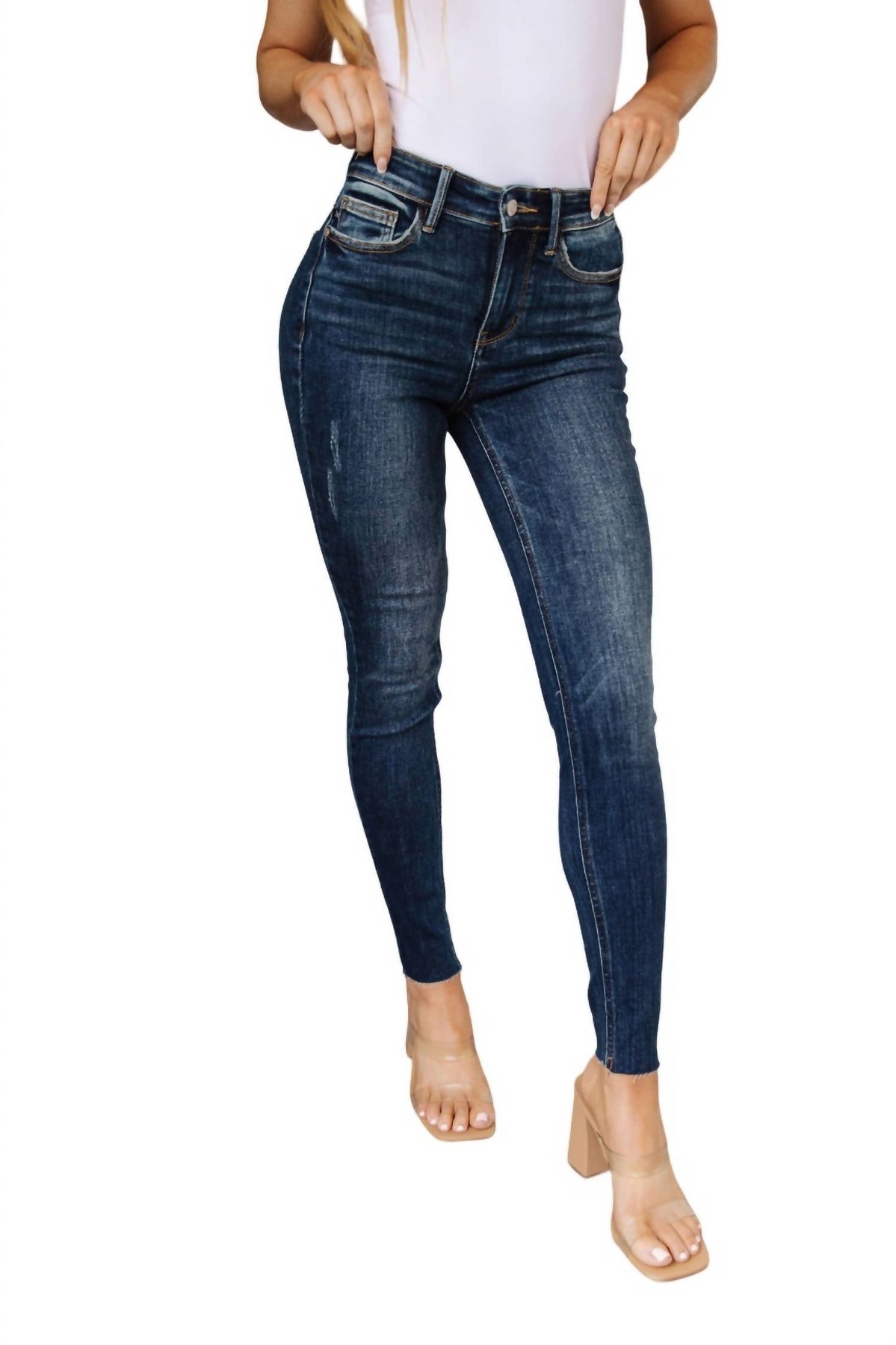 Mittlerer Bund Raw Hem Skinny Jeans im dunklen Vintage Wash