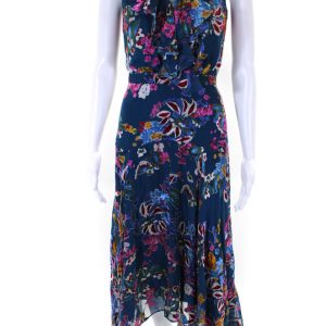 Saloni Damen Seide Mischung Blumendruck ärmellos v Hals Maxikleid blau 7833451200572