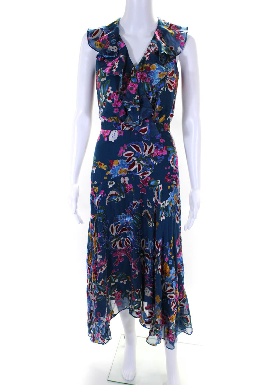 Saloni Damen Seide Blend Blumenmuster ärmellosen V-Ausschnitt Maxi Kleid Blau