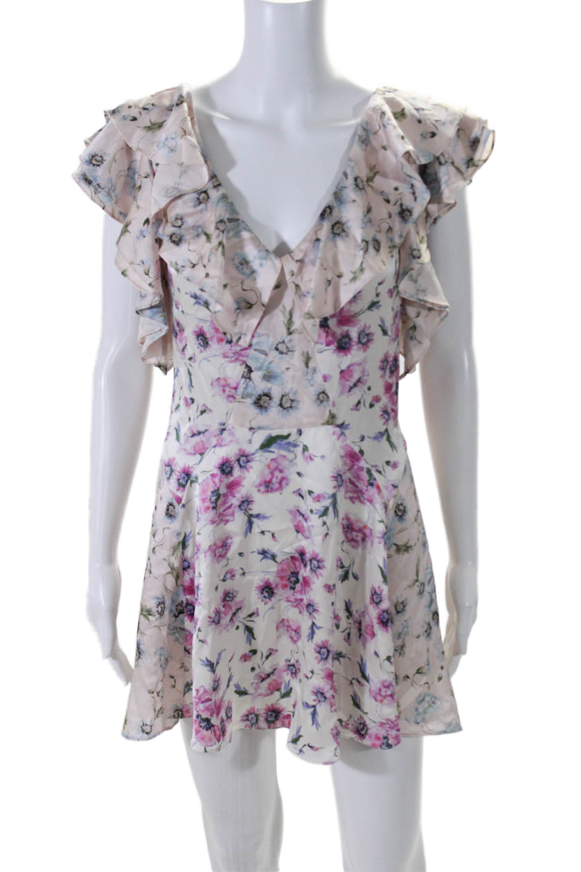Love Shack Fancy Damen Seide Blumendruck Kurzarm Minikleid Rosa