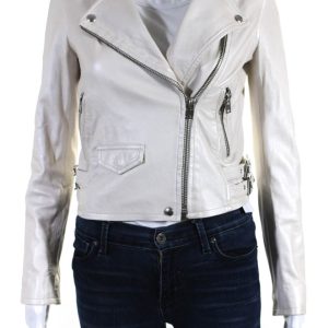 IRO Damen Leder lange Ärmel ashville Motorradjacke weiß 7833398673468