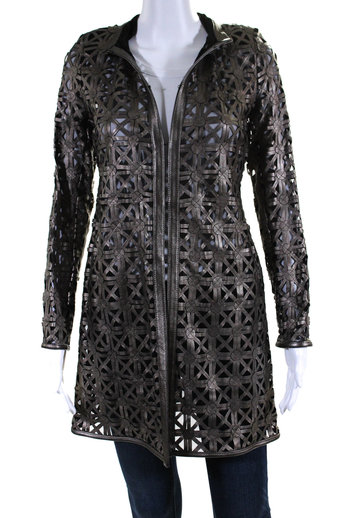 In Transit Damen Laser Cut Metallic Mesh Lederjacke Braun Schwarz