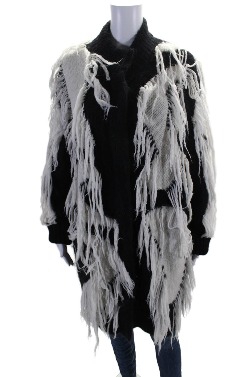 Salvatore Ferragamo Damen Schwarz Weiß Fringe strukturierte Langarmjacke