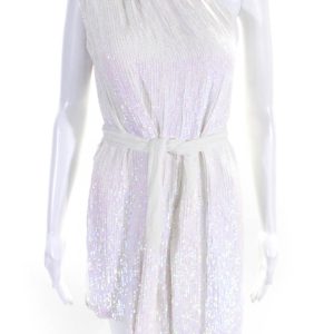 Retrofete Damen irisierende Pailletten ein Schulter Gürtel Reißverschluss Kleid weiß 7833455820860